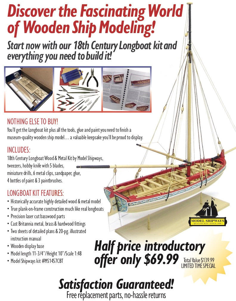 Model Shipways 18th Century Longboat Wooden Model Ship Kit & Tools 1:48 Scale - MS1457CBT