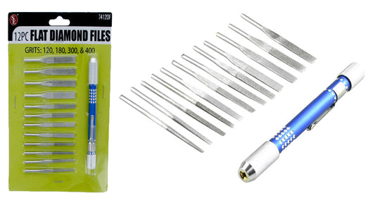 12Pc Flat Diamond File Set with Universal Handle & Pocket Clip,(