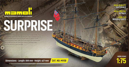 Dusek-Mamoli - Mamoli MV58 - Surprise - Wood Plank-On-Frame Ship Model Kit - Length: 844 mm (34"), Height: 627 mm (25") Scale 1/75