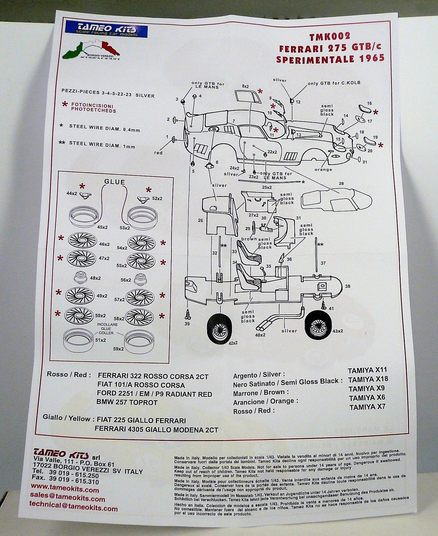 Tameo - TMK 002 Ferrari 275 GTB/c Sperimentale 1965 - White Metal Car Kit - Scale 1:43 - Length 4-1/4"