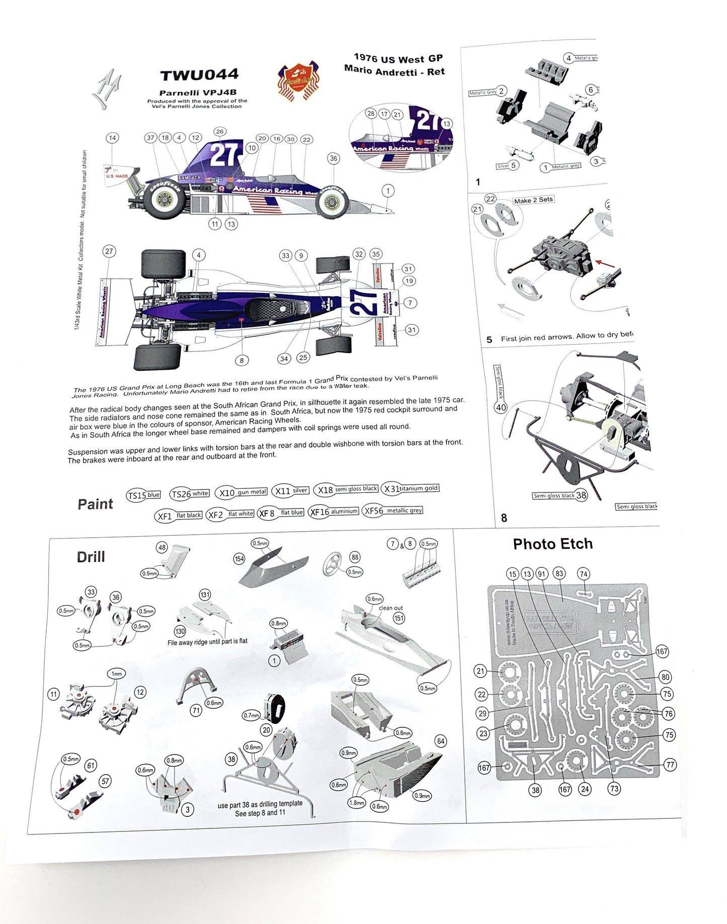 Tameo - TWU 044 Parnelli VPJ4B Mario Andretti 1976 US West GP - White Metal Car Kit - Scale 1:43
