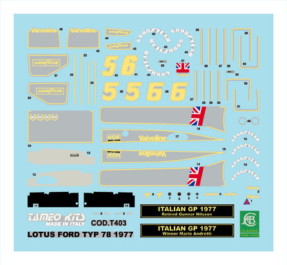 Tameo - TMK393 Lotus 78 Ford - 1977 - White Metal Car Kit - Scale 1:43, Made in Italy