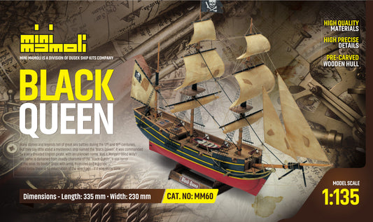 Dusek-Mamoli - Mamoli MM60 Black Queen - Wooden model kit with pre-carved hull - Scale 1/135 - Length 13.2 in - Height 11 in